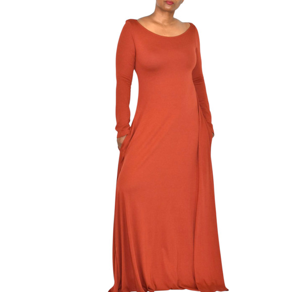 Soft Surroundings Maxi Dress Orange Clay Jersey Long Stretch Boatneck Medium - Picture 11 of 14